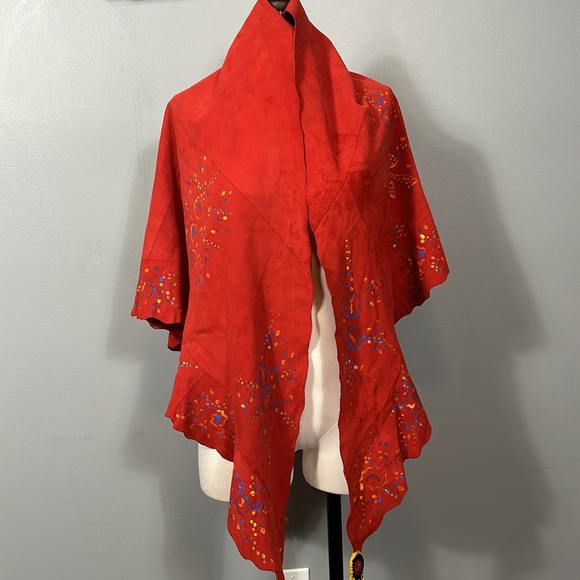 Vintage western red suede leather hand painted shawl rare large - Picture 11 of 17